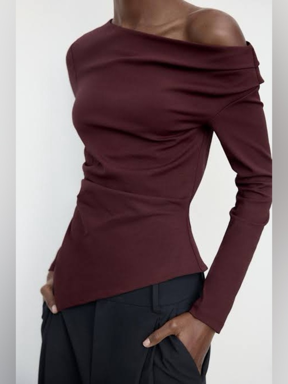 Zara Asymmetrical stretch top Dark Burgandy